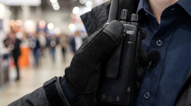 Security professional grips a handheld radio transceiver while navigating through a busy exhibition hall filled with attendees.