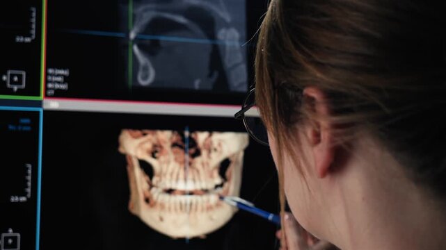 Female dentist examining 3D dental scan and jaw X ray images on a computer monitor while planning dental treatment in a modern dental clinic. Professional dentistry, diagnostics and digital imaging
