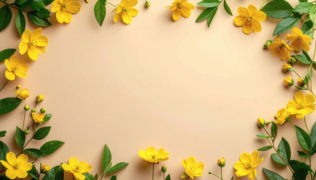 A gentle frame of yellow blossoms and green leaves on a soft, light beige background. The delicate petals and verdant foliage create an elegant, organic border.
