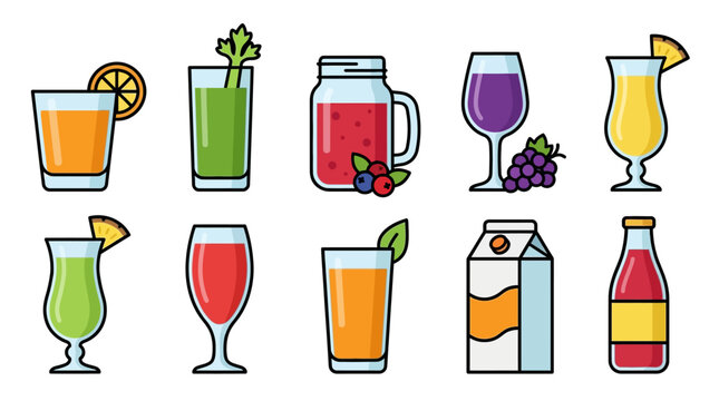 Colorful drinks in various glasses.