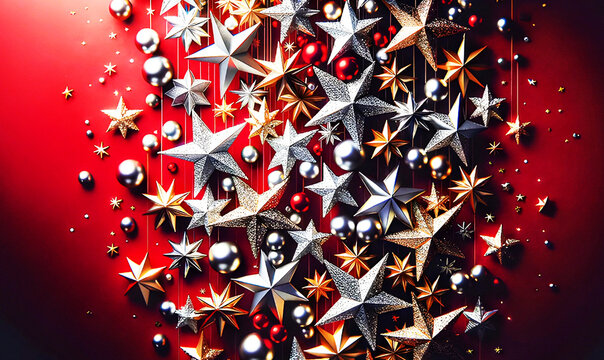Elegant christmas background with metallic silver and gold hanging stars on festive red gradient. Luxurious and festive digital illustration rch cascade of metallic stars ball ornaments.