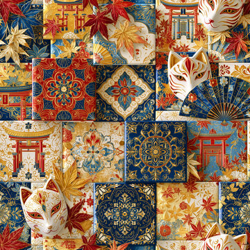 Seamless Japanese Ceramic Tile Pattern with Fox Masks, Torii Gates and Maple Leaves
