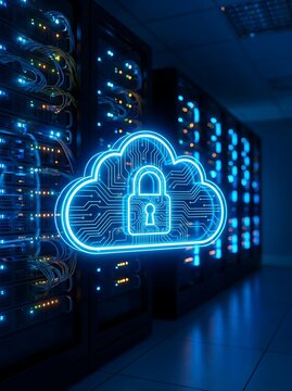 Glowing blue cloud with padlock over server racks security