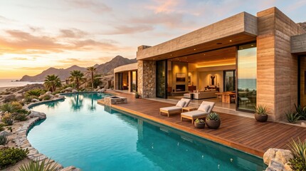 Fototapeta premium Modern desert coastal house with curved swimming pool at sunset