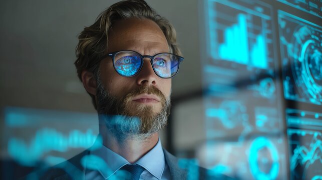 Businessman planning financial targets using AI-powered visualization