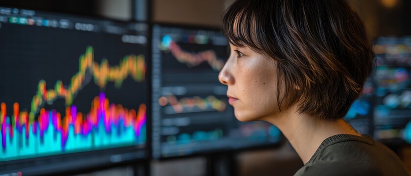 Businesswoman analyzing stock performance charts with AI trend prediction