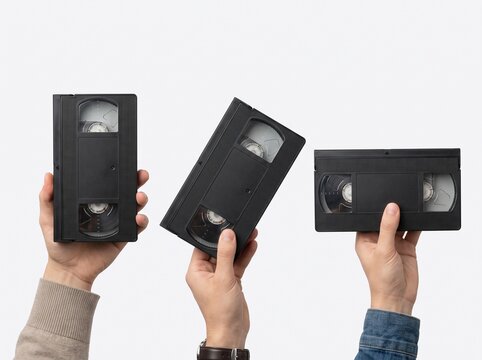 Hands holding vintage VHS videotapes against a white background
