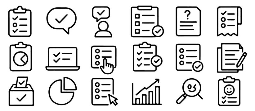 Survey Research Icon Set. Questionnaire, Poll, Feedback Form and Data Analysis UI Design for Business Platform Vector Collection.