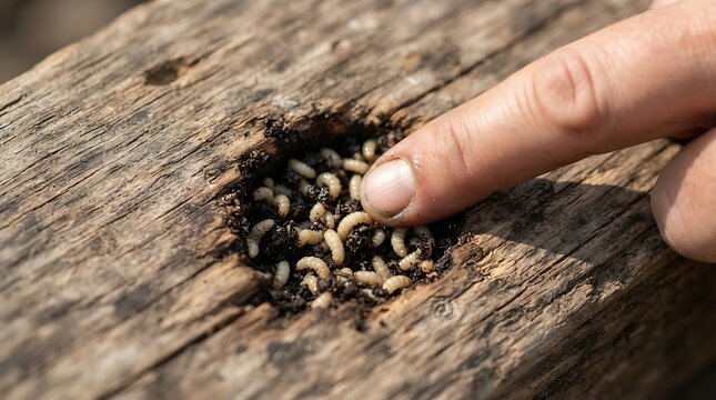 Finger pointing at wood-boring larvae in old wood hand