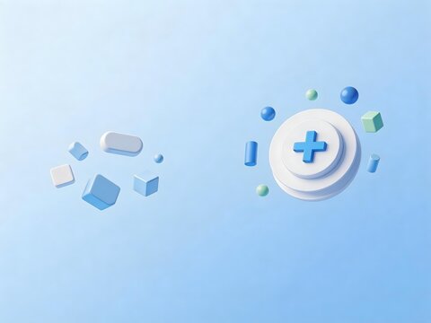 Abstract composition of geometric shapes and a central plus symbol on a soft blue background