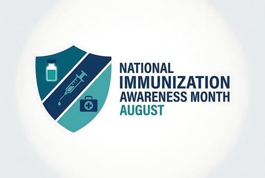 National immunization awareness month graphic with shield and medical icons text august and vaccination concepts safety care.
