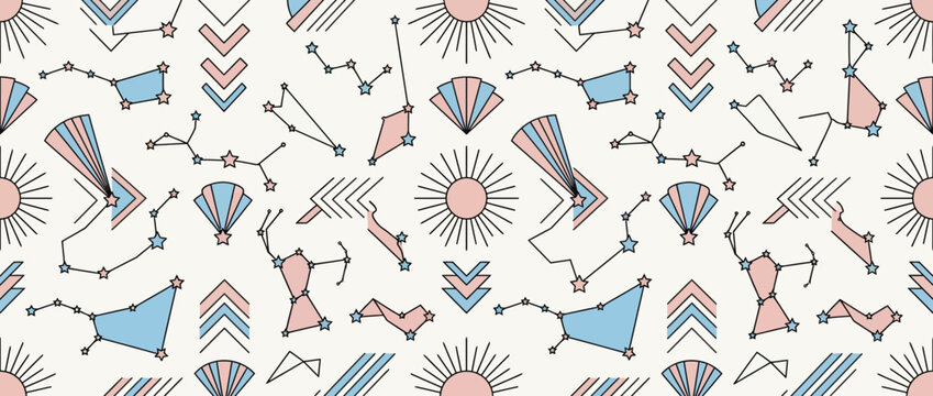 Zodiac constellation and sun geometric star pattern