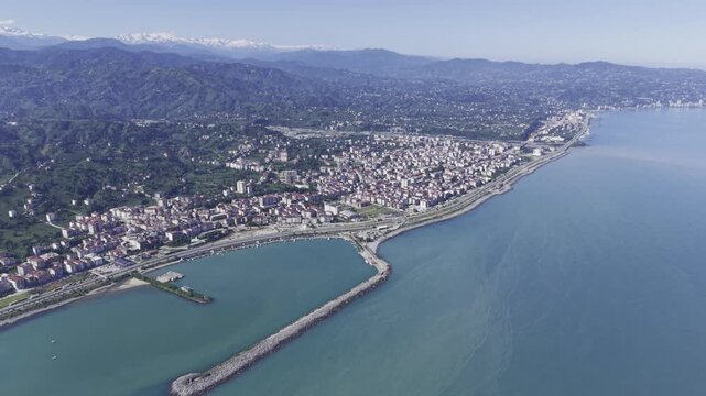 Aerial Drone Footage of Ardesen Town Center in Rize Turkey Featuring Black Sea Urban Landscape, Green Hills and Mountain Scenery