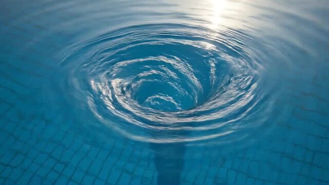 A swirling water vortex forms in a blue tiled swimming pool