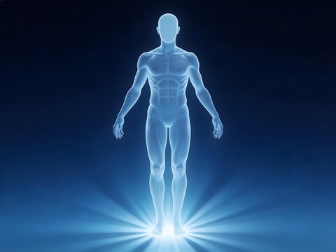 Transparent human figure with glowing blue light emanating from feet against dark background
