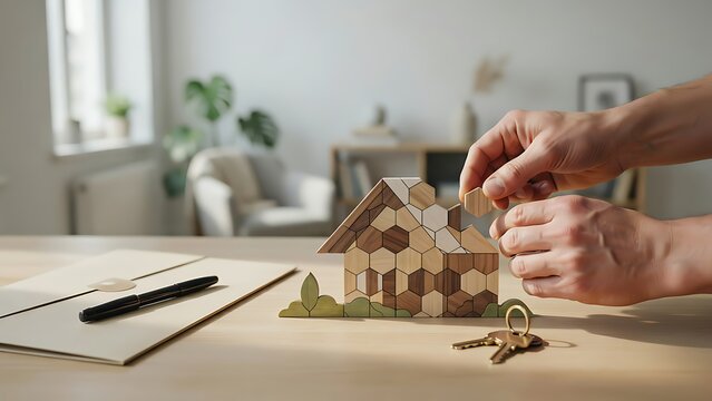 Person building wooden house model on table with keys and documents  home ownership concept