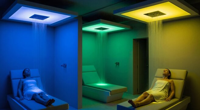 Woman undergoing chromotherapy light shower and relaxation. Modern spa treatment with colored light therapy concept for wellness.