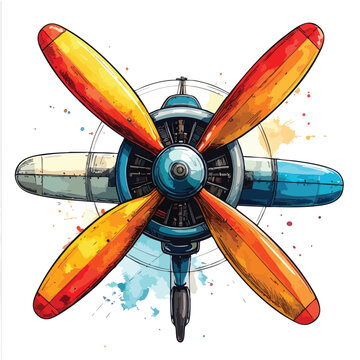 Watercolor illustration of a vintage airplane propeller engine.