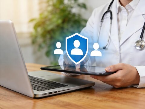 Doctor using tablet with digital security icon, representing patient data protection in healthcare technology