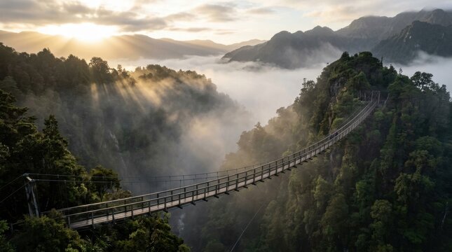 Long suspension bridge crosses a misty jungle valley, sunbeams break through mountain clouds at dawn, adventurous nature travel.