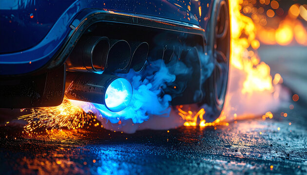 Close-up of a racing car exhaust spitting a blue flame on a dark drag strip track