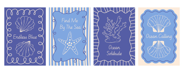Seashell poster set with scallop, starfish, coral reef, wavy curly frame, stripe background, hand drawn vector, blue mediterranean line art, retro flat style for summer beach greeting card. © Coxic25
