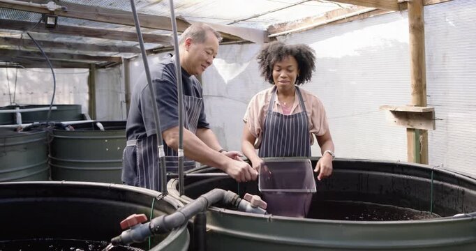 Senior Asian man teaching net use and guiding woman in striped aprons inspecting fish in hatchery