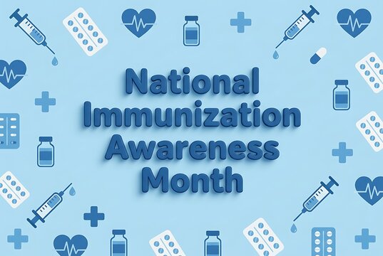 National immunization awareness month featuring medical icons such as syringes pills stethoscopes heart vials and cross symbols for promoting vaccination and health education for disease prevention.