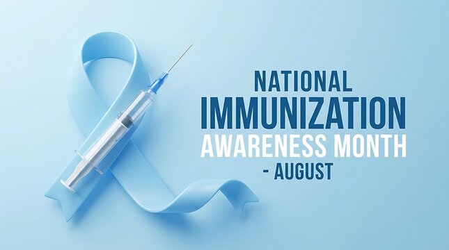 National immunization awareness month august with blue ribbon and syringe on light blue background promoting vaccination safety and health.