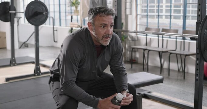 Middle-aged man in dark top sitting on bench in gym holding shaker, recovering after set, smiling