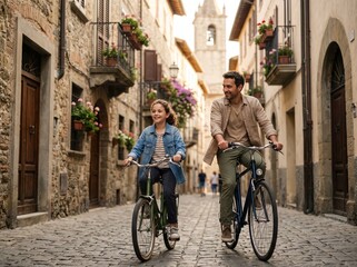 Fototapeta premium Couple cycling bicycles historic old city fun travel exploration 
