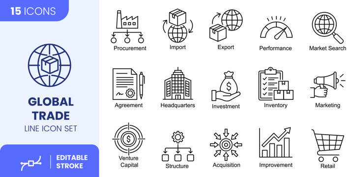 Global Trade and International Business Line Icon Set with Editable Stroke for Logistics, Import-Export, and Corporate Strategy Projects. Vector Illustration