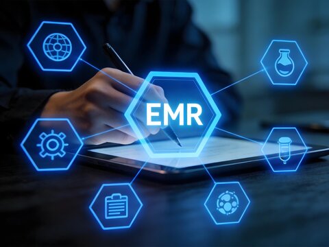 Person using tablet with EMR interface and medical technology icons