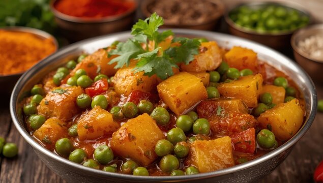Spiced potatoes with green peas