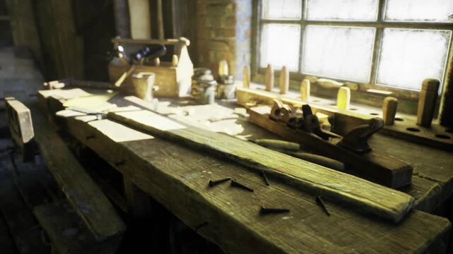 Sunlit wooden workbench with tools, scattered planes, chisels and planks bathed in warm light through dusty window, intimate maker studio ready for restoration