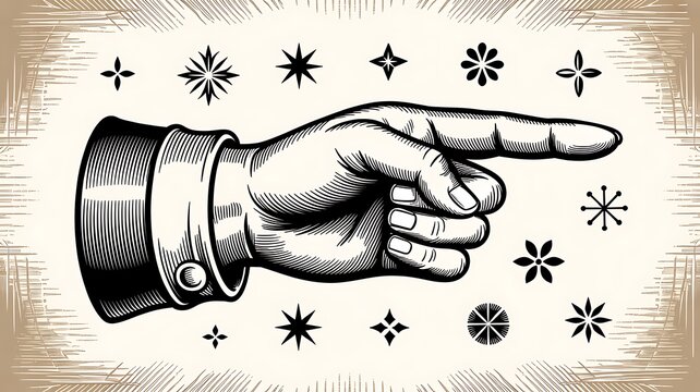 Detailed vintage engraving pointer hand. Symbols. Quaint graphic. 