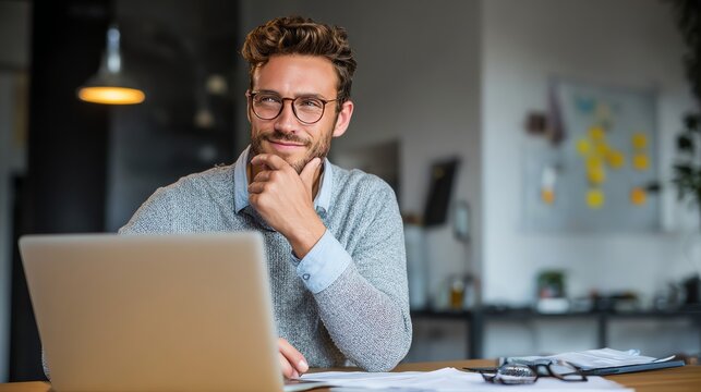 cheerful entrepreneur planning strategy on laptop