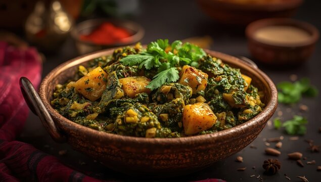 Spinach and potato curry in a bowl. Well-known healthy Indian dish. Focused view.