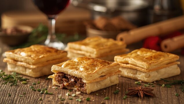 Square beef-filled puff pastry pies.