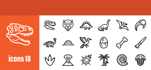 Dinosaur line icons set. Prehistoric creatures, fossils, and paleontological symbols. © liubomir118809