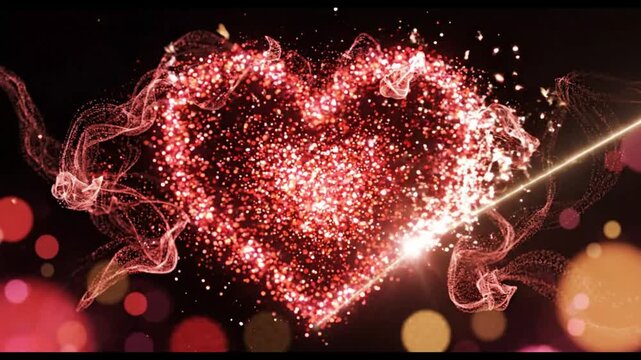 Sparkling Heart Particle Explosion: A vibrant, fiery red heart composed of countless tiny particles explodes outwards in a dazzling display of light and energy, set against a dark.