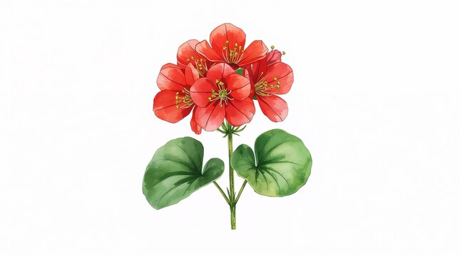 Red Geranium Flower Watercolor Illustration on White Background Botanical Art Concept