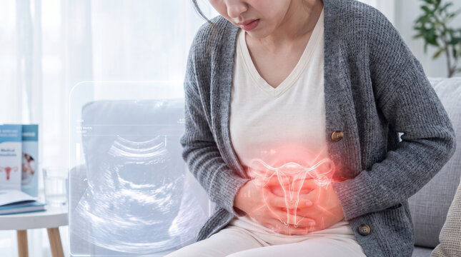 Uterus abdominal pain woman healthcare gynecology anatomy cramp pelvis inflammation adult female holding stomach with medical scan overlay in clinic