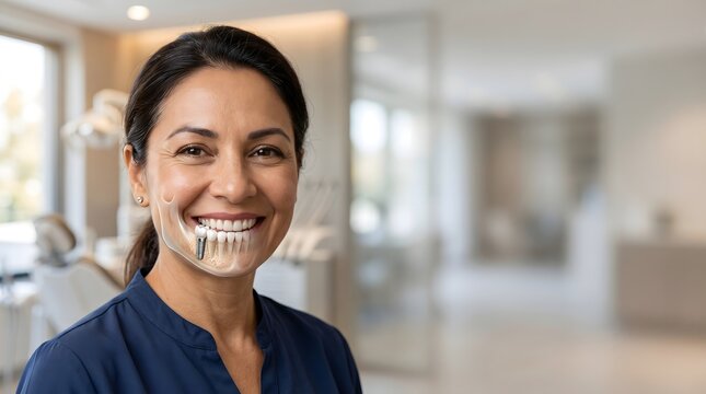 Smiling Woman Showing Lower Dental Implant with Jawbone Anatomy Overlay in Modern Dental Clinic