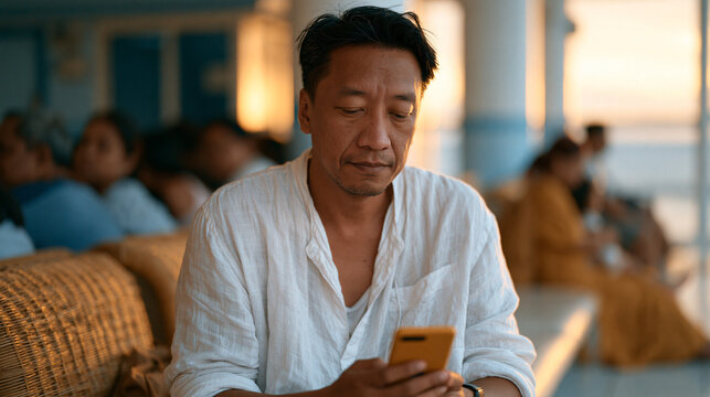 Exhausted Filipino father checks a child progress report mobile app at a hospital waiting room, his daughter's reading fluency graph and teacher recommendation glowing on the