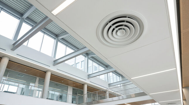 Circular air vent diffuser on a modern ceiling in a spacious office atrium. Commercial HVAC ventilation system in a bright building lobby