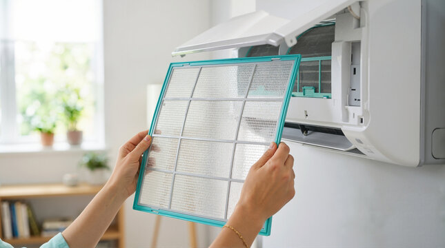 Hands holding a clean washable air filter for a wall mounted split air conditioner. Routine home AC maintenance and air quality care