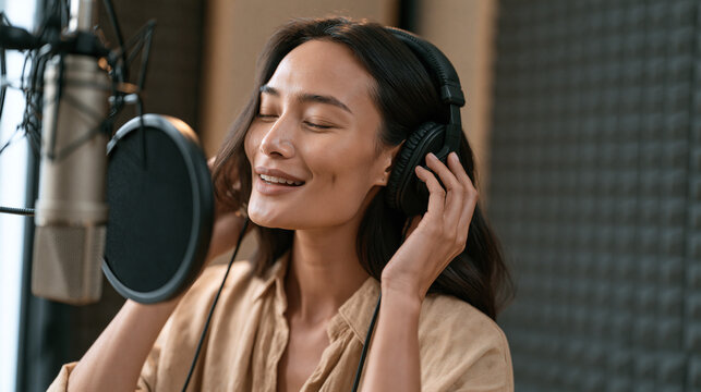 Vietnamese podcast host adjusting a professional condenser microphone in a compact home studio lined with acoustic foam panels, speaking into the mic with focused energy,