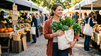 Fototapeta premium Happy woman carrying a tote bag full of fresh vegetables at a farmers market