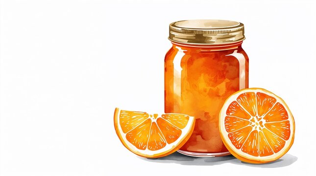 Orange Marmalade Jar with Fresh Citrus Slices Watercolor Illustration on White Background
